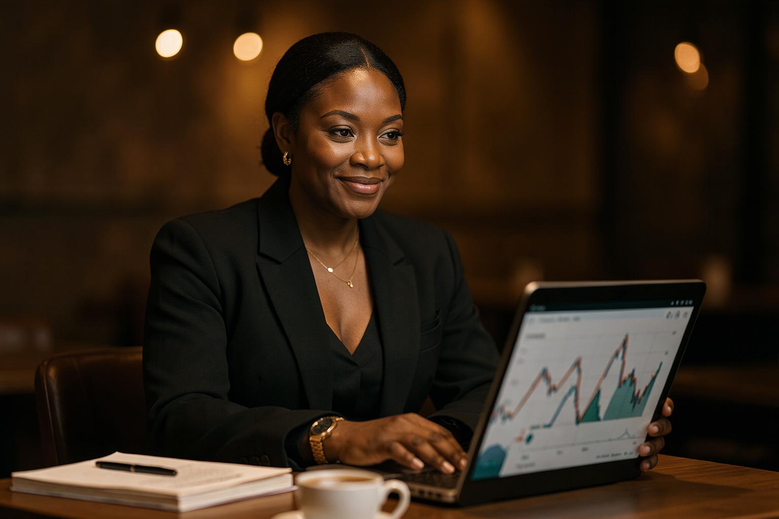 Black woman business owner reviewing financial charts on a laptop at a café