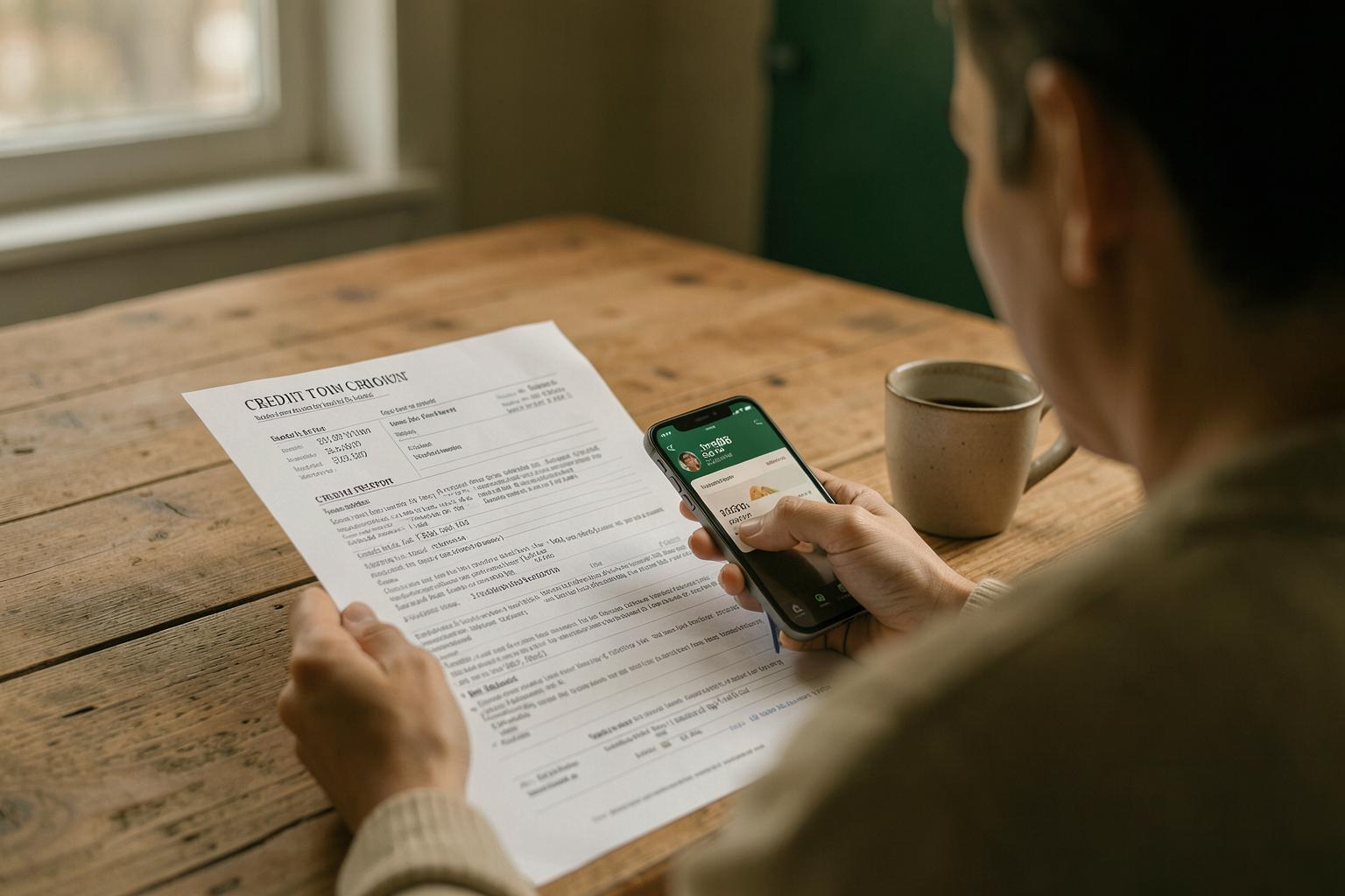 Person at a kitchen table reviewing a credit report