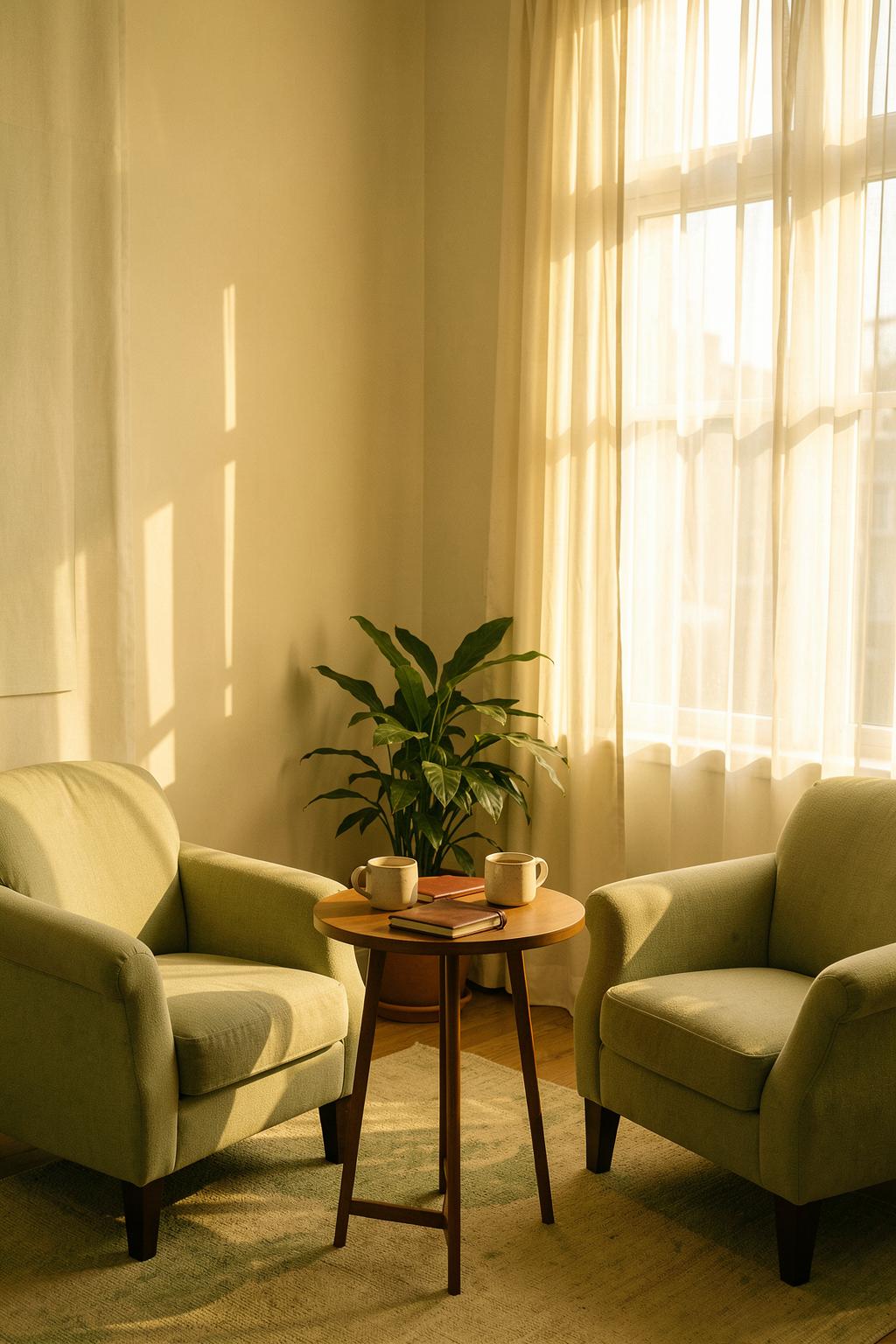 Two armchairs facing each other in warm afternoon light